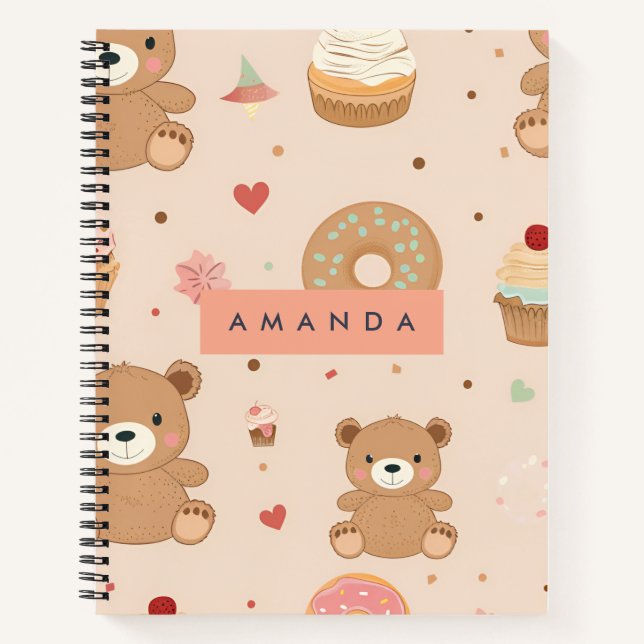 Personalised Pastel Teddy Bear and Doughnut Desser Notebook (Front)
