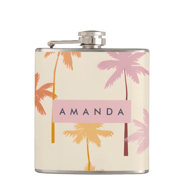 Personalised Pastel Tropical Sunset Palm Tree Hip Flask (Front)