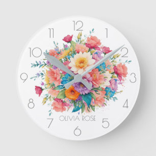 Personalised Pastel Watercolor Flower Bouquet Round Clock