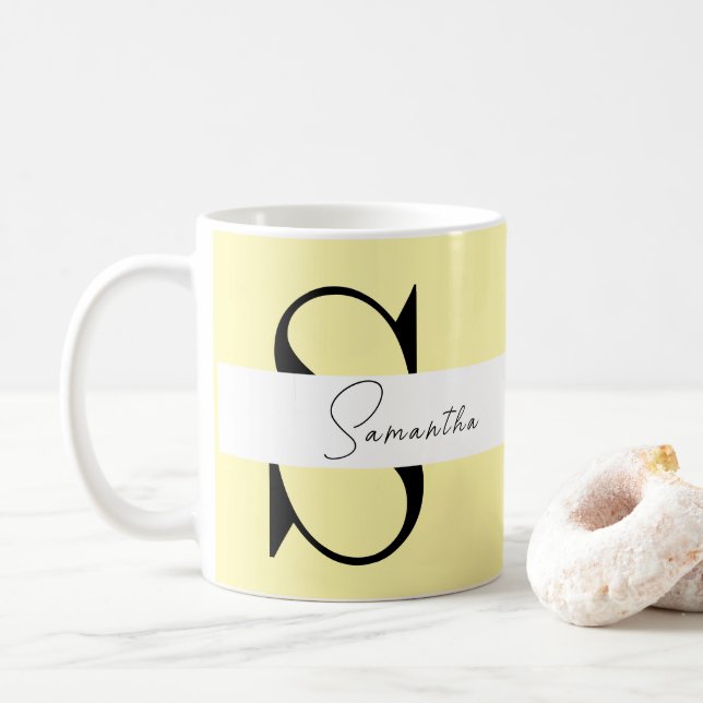 Personalised Pastel Yellow Monogram Classic Mug (With Donut)