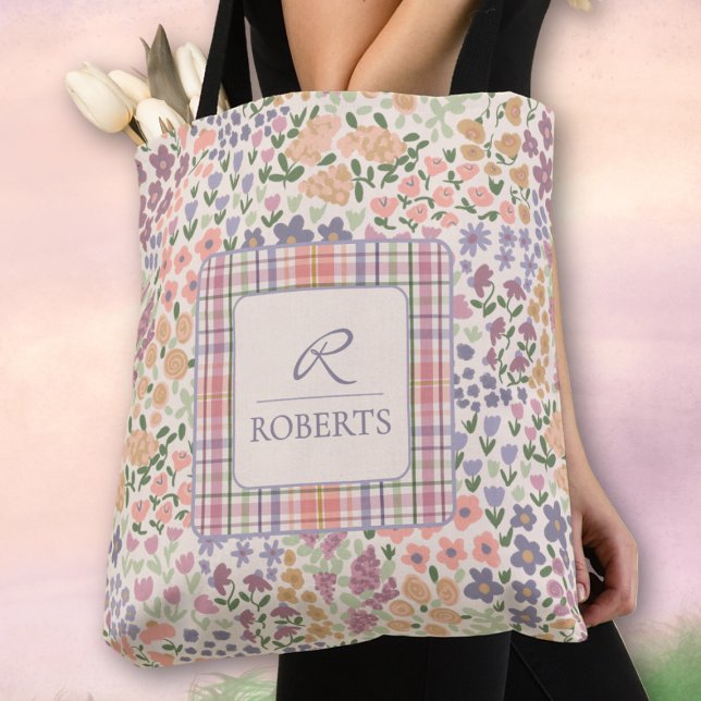 Personalised Patchwork Floral & Plaid Tote Bag (Personalized Floral Plaid Tote Bag)