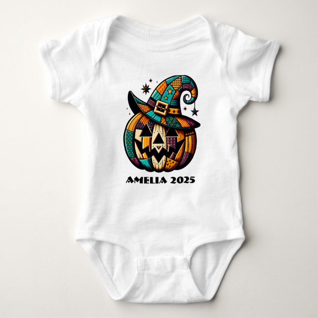 Personalised Patchwork Pumpk Halloween  Baby Bodysuit (Front)