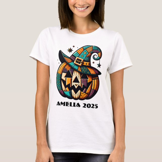 Personalised Patchwork Pumpk Halloween  T-Shirt (Front)