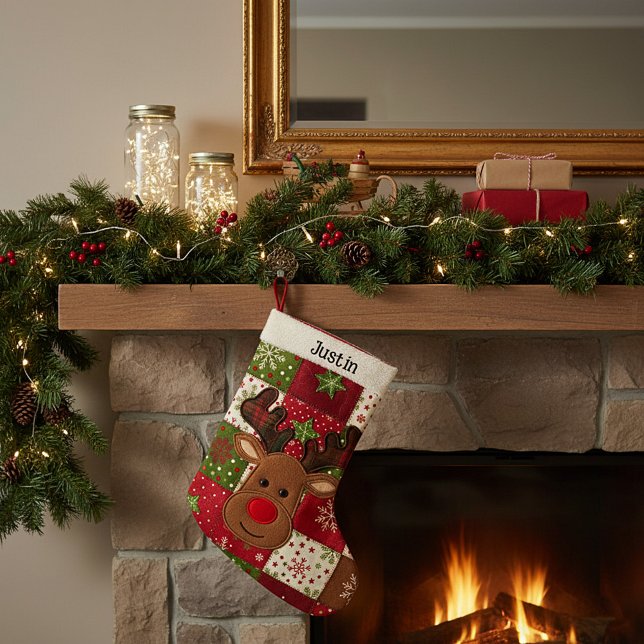 Personalised patchwork reindeer small christmas stocking (Creator Uploaded)