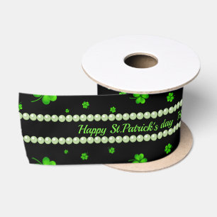 Personalised Pattern of green shamrocks with pearl Satin Ribbon