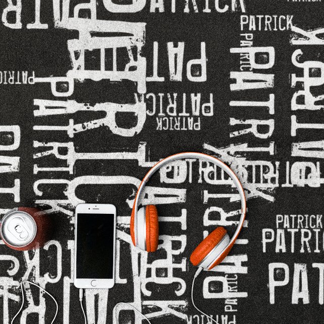 Personalised Pattern Typography Names on Black Beach Towel (modern pattern of white names on black background)