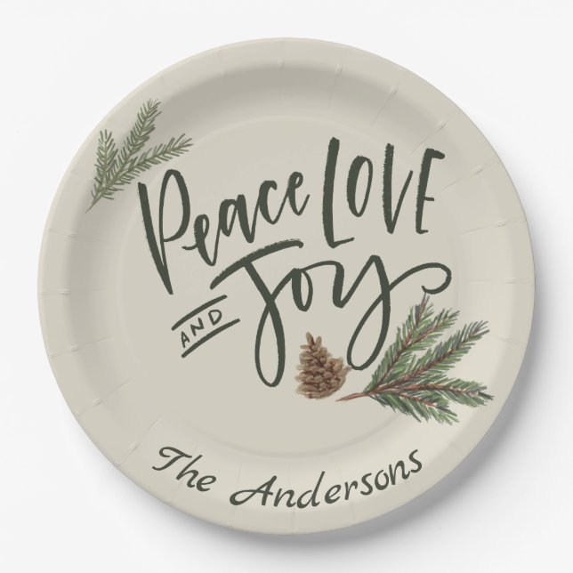 Personalised Peace, Love and Joy Holiday Paper Plate (Front)