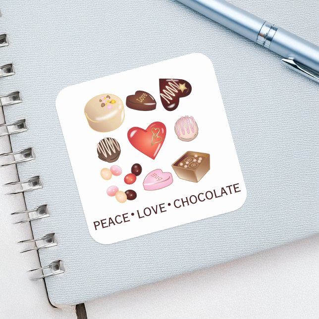 Personalised Peace Love Chocolate Candy Heart Square Sticker (Creator Uploaded)