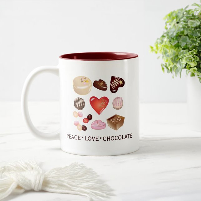 Personalised Peace Love Chocolate Candy Heart Two-Tone Coffee Mug (Creator Uploaded)