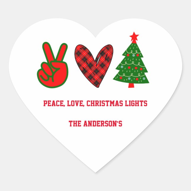 Personalised Peace Love Christmas Lights Green Red Heart Sticker (Front)