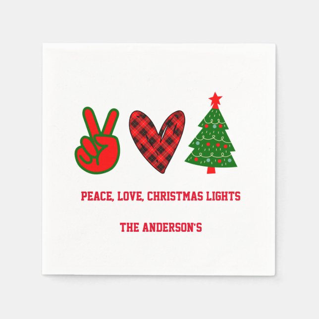 Personalised Peace Love Christmas Lights Green Red Napkin (Front)