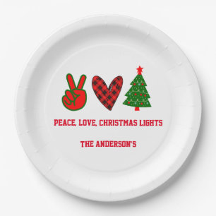 Personalised Peace Love Christmas Lights Green Red Paper Plate