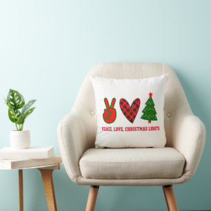 Personalised Peace Love Christmas Lights Red Green Cushion
