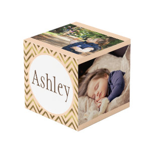 Personalised Peach and Gold Chevron Stripes Photo Cube