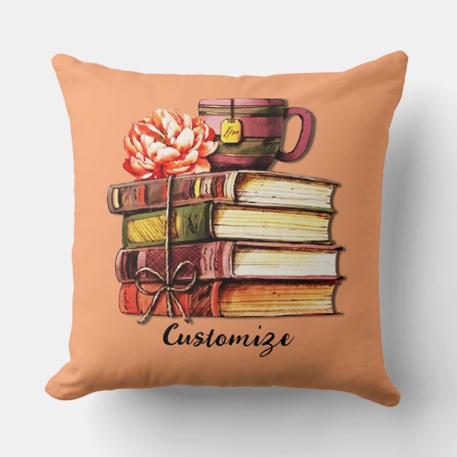 Personalised Peach Books And Tea Cushion (Front)