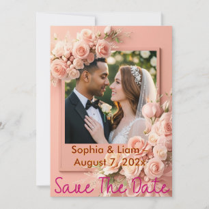 Personalised Peach Floral Photo Save The Date  Holiday Card