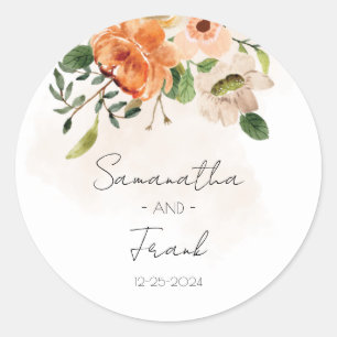 Personalised Peach Floral Wedding Classic Round Sticker