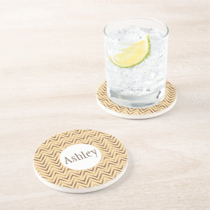 Personalised Peach & Gold Chevron Stripe Coaster