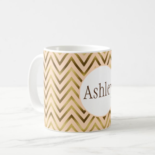 Personalised Peach & Gold Chevron Stripe Coffee Mug (Front Left)