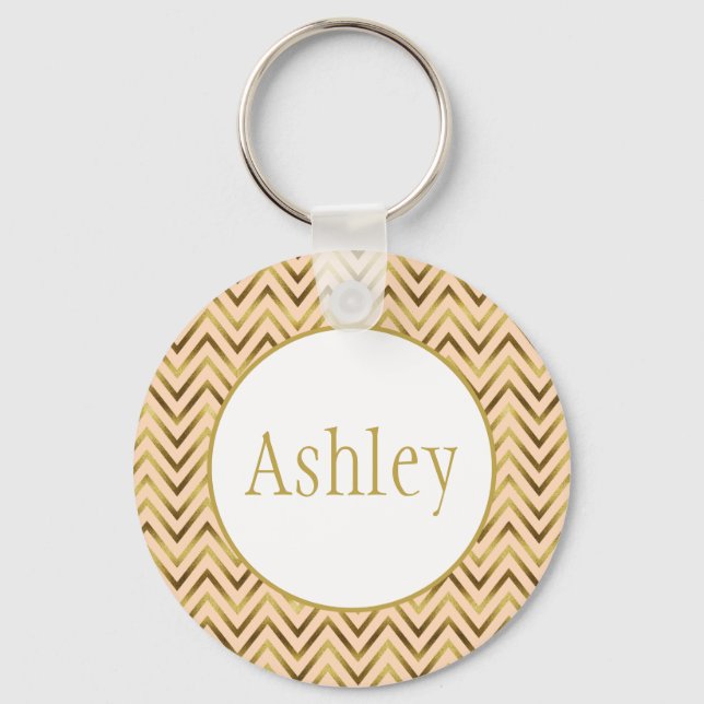 Personalised Peach & Gold Chevron Stripe  Key Ring (Front)