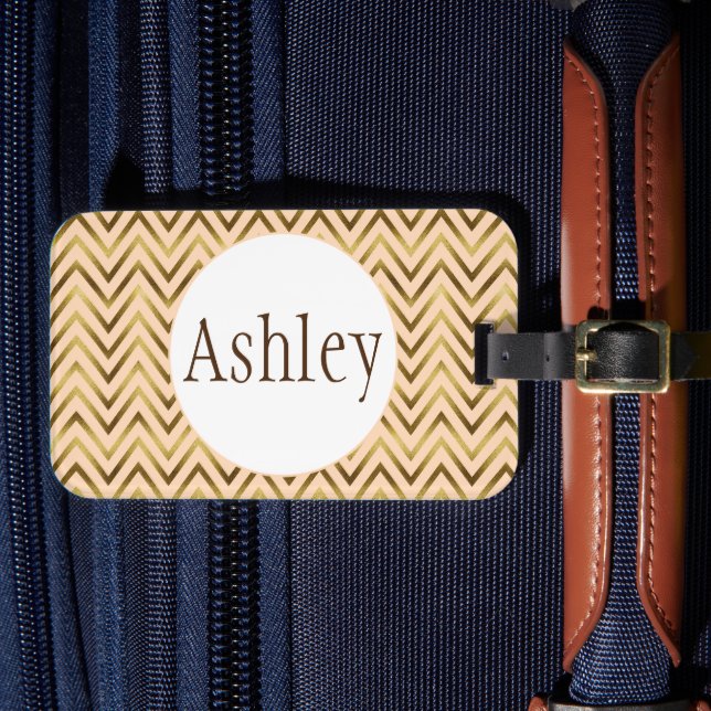 Personalised Peach & Gold Chevron Stripe Luggage Tag (Front Insitu 4)