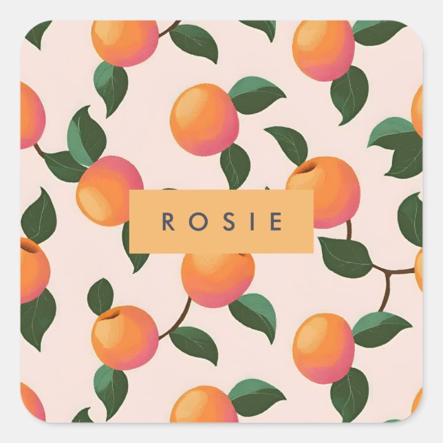 Personalised Peach Pattern Cute Peaches Square Sticker (Front)