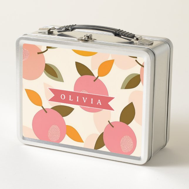 Personalised Peach Pattern Cute Retro Summer Metal Lunch Box (Front)