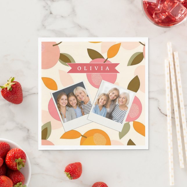 Personalised Peach Pattern Cute Retro Summer Napkin (Insitu)