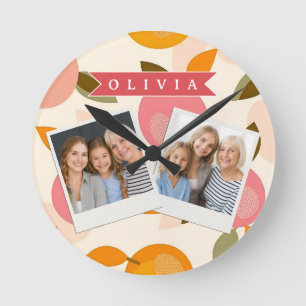 Personalised Peach Pattern Cute Retro Summer Round Clock