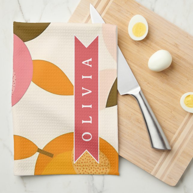 Personalised Peach Pattern Cute Retro Summer Tea Towel (Quarter Fold)
