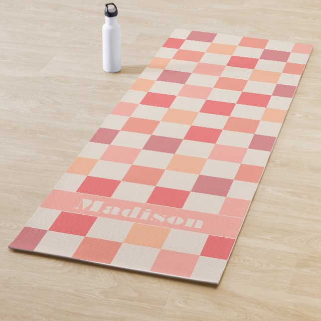 Personalised Peach Pink Chequered Pastel Pattern Yoga Mat (In Situ)