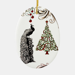 Personalised Peacock and Christmas Tree Holiday Ceramic Ornament