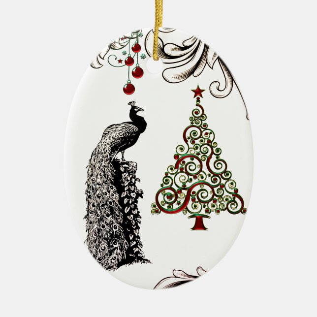 Personalised Peacock and Christmas Tree Holiday Ceramic Ornament (Front)