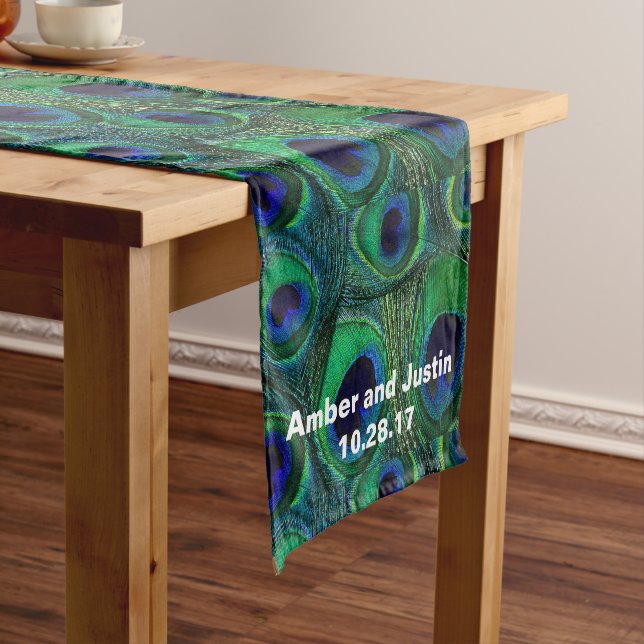 Personalised Peacock Feather Print Table Runner (In Situ)