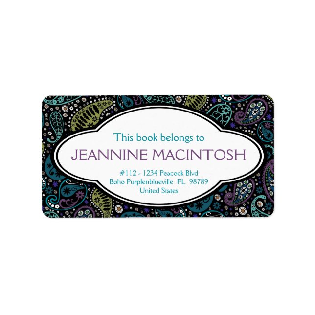 Personalised Peacock Paisley Pattern Bookplate Label (Front)