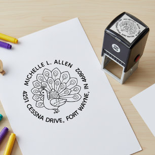 Personalised Peacock Round Return Address Self-inking Stamp