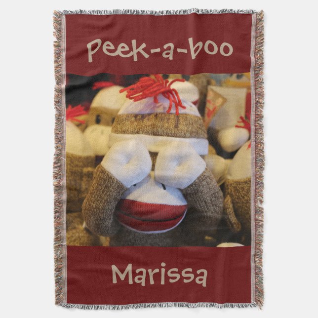 Personalised Peek-a-boo Sock Monkey Throw Blanket (Front Vertical)
