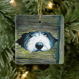 Personalised Peeking Old English Sheepdog Dog Ceramic Ornament