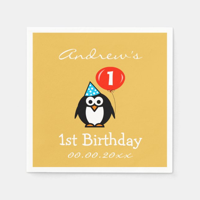 Personalised penguin 1st Birthday party napkins (Front)