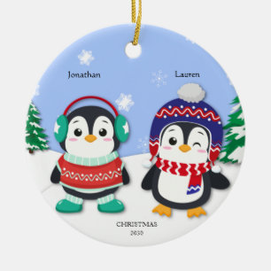 Personalised Penguin Boy and Girl Snow Scene  Ceramic Ornament