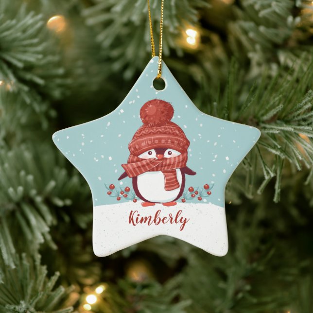 Personalised Penguin Christmas Ceramic Ornament (Tree)