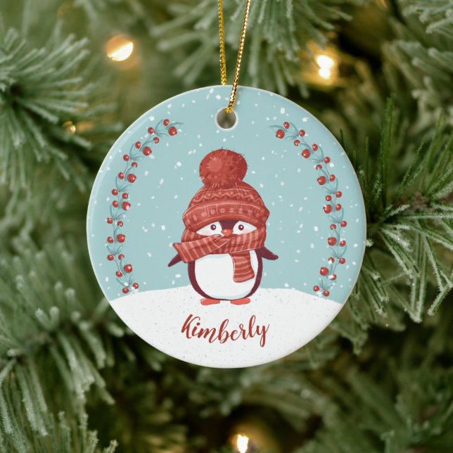 Personalised Penguin Christmas Ceramic Ornament (Tree)
