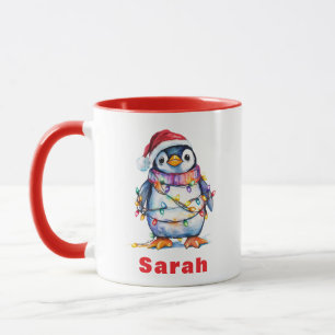 Personalised Penguin Christmas Lights Custom Name Mug