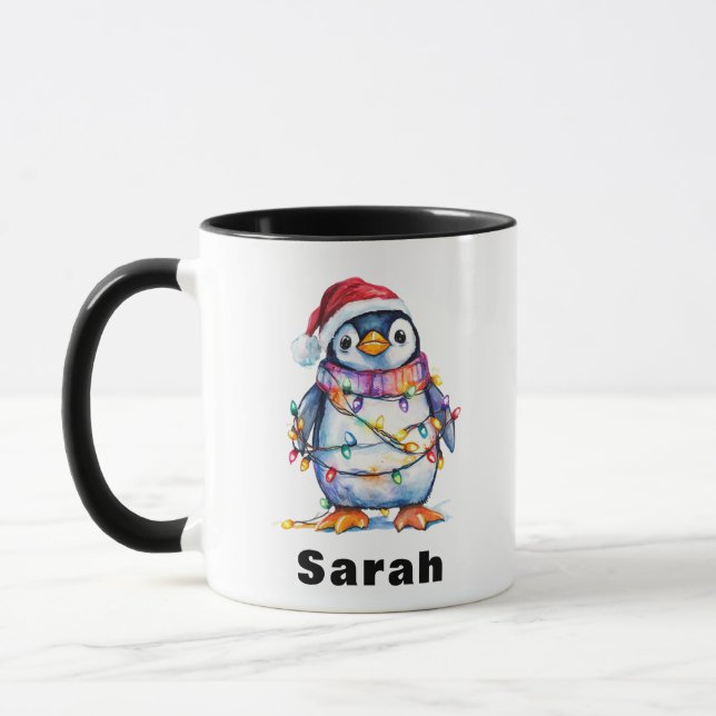 Personalised Penguin Christmas Lights Custom Name Mug (Left)