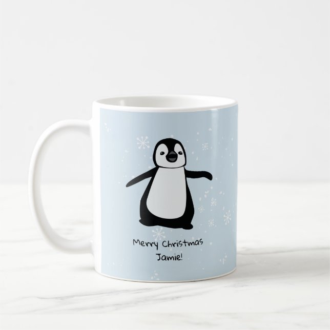 Personalised Penguin Christmas Snow Coffee Mug (Left)