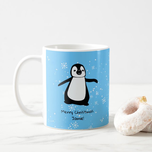 Personalised Penguin Christmas Snow Coffee Mug (With Donut)