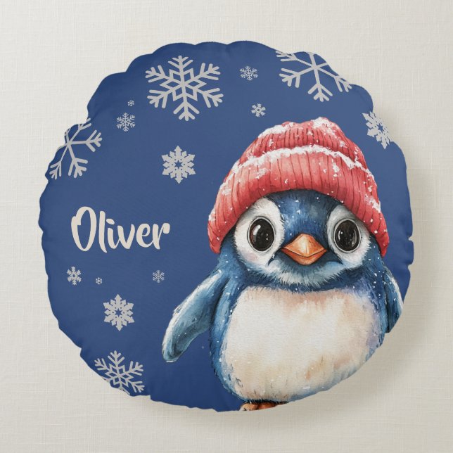Personalised Penguin Christmas Snowflake Round Cushion (Front)