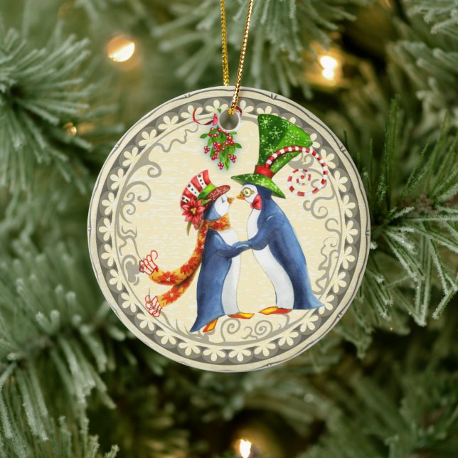 Personalised Penguin Couple Under Mistletoe Love Ceramic Tree Decoration (Tree)
