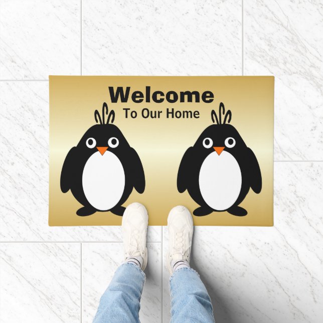 Personalised Penguin Design Gold Coloured Doormat (Indoor)