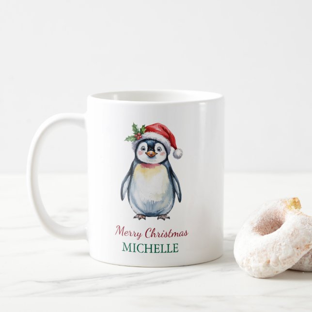 Personalised Penguin in Santa Hat Christmas        Coffee Mug (With Donut)